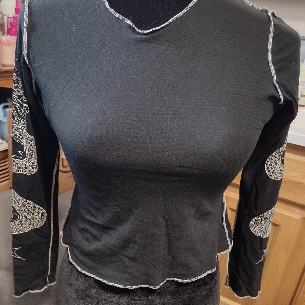 Vintage  Topstitched Mesh Dragon Sleeved Top/ Cement/ SZ M/ Rare Y2K